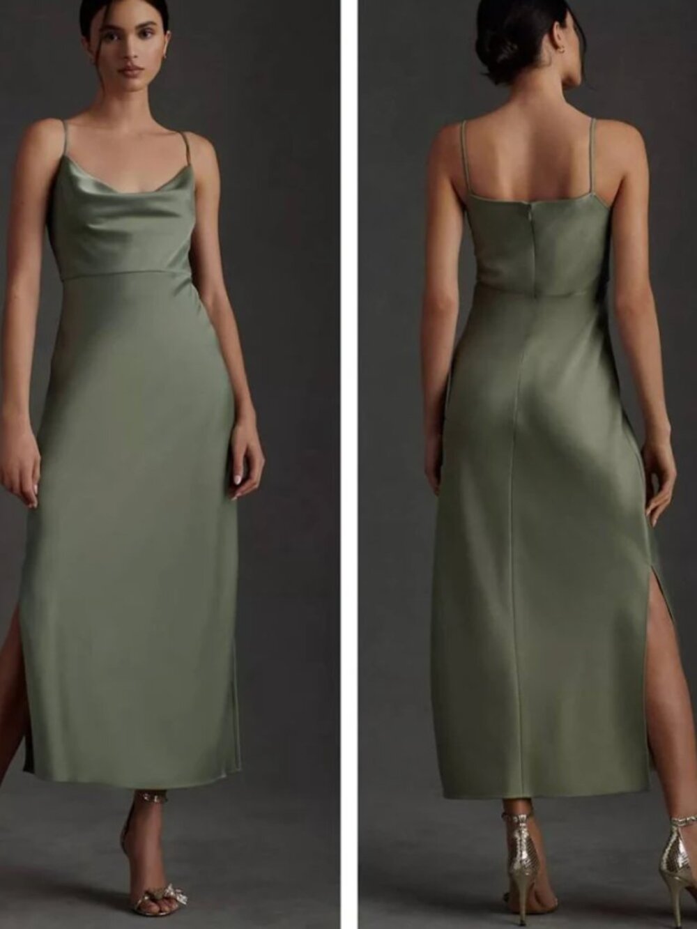 Never worn - BHLDN Sachin Babi Cali Satin Olive Green Cowl Neck Midi Slip Dress